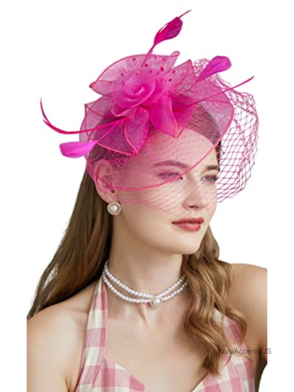 Fascinator Pillbox Hat with Veil Feather Flower Cocktail Tea Party Headwear